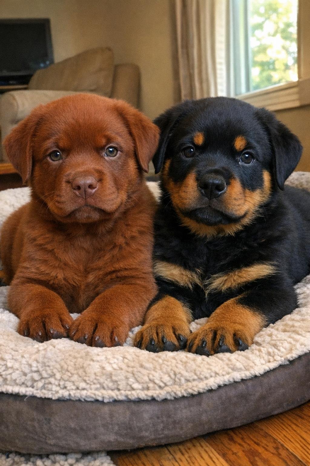 Solid rust red Rottweiler puppy beside a black and tan littermate