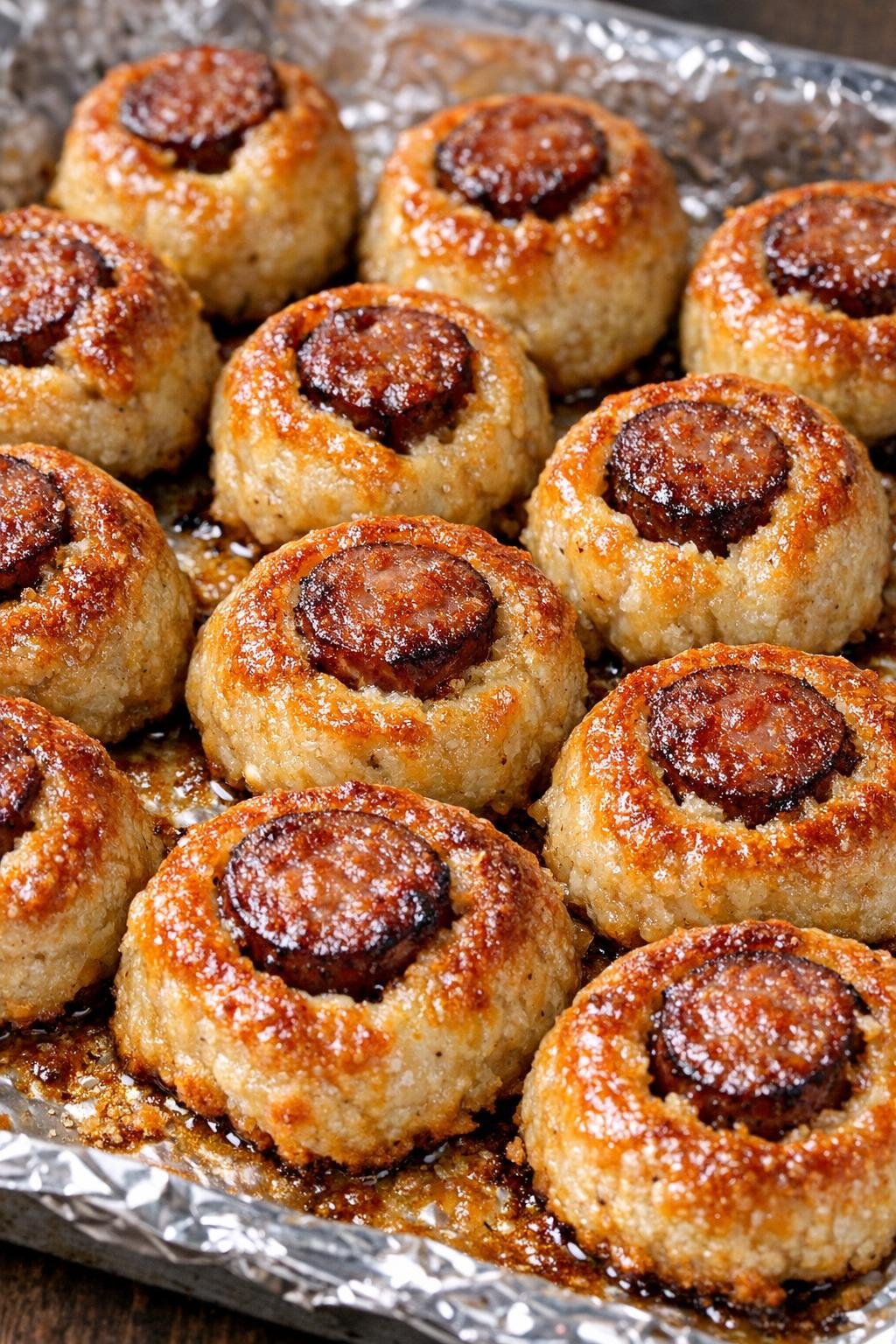 Southern 3-ingredient buttery sausage pennies baked until golden brown on a foil-lined tray