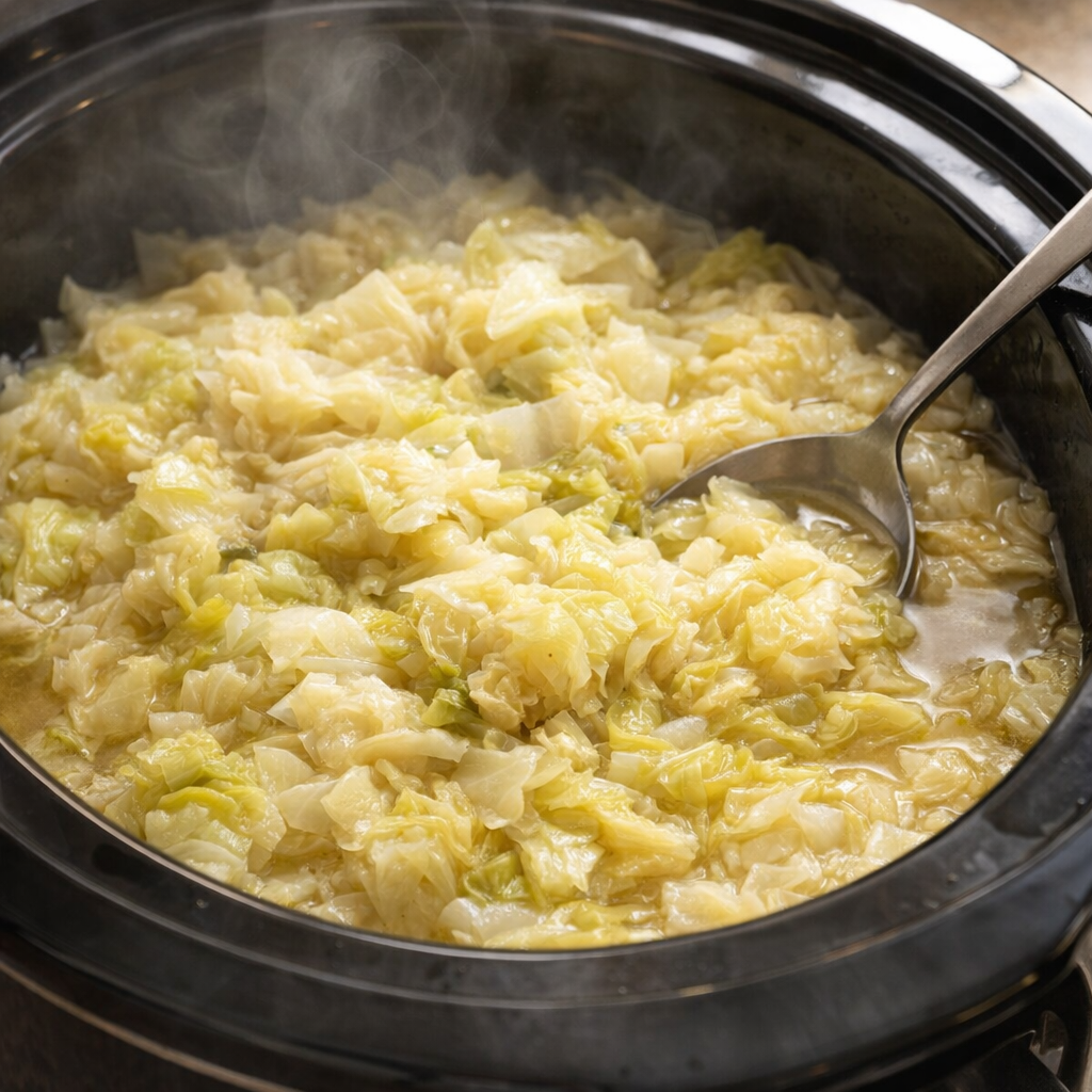 Tender cooked cabbage in buttery broth