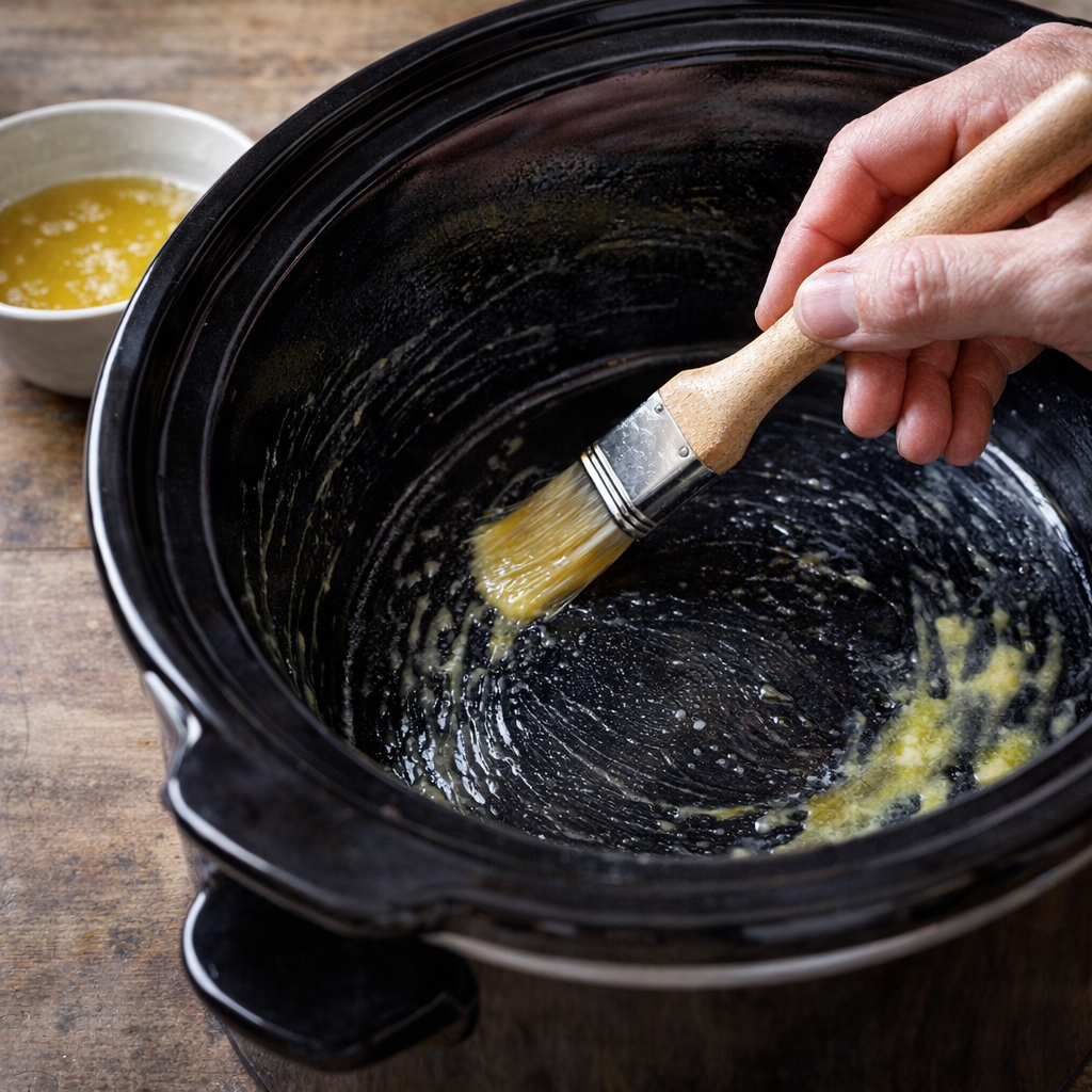 Butter being brushed inside a slow cooker