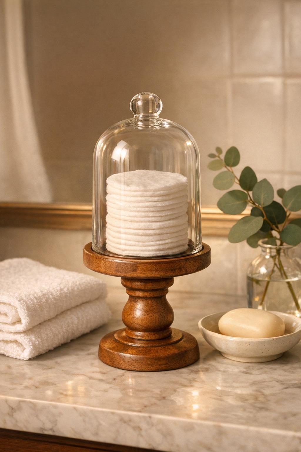 Finished bathroom cotton round jar on a vanity