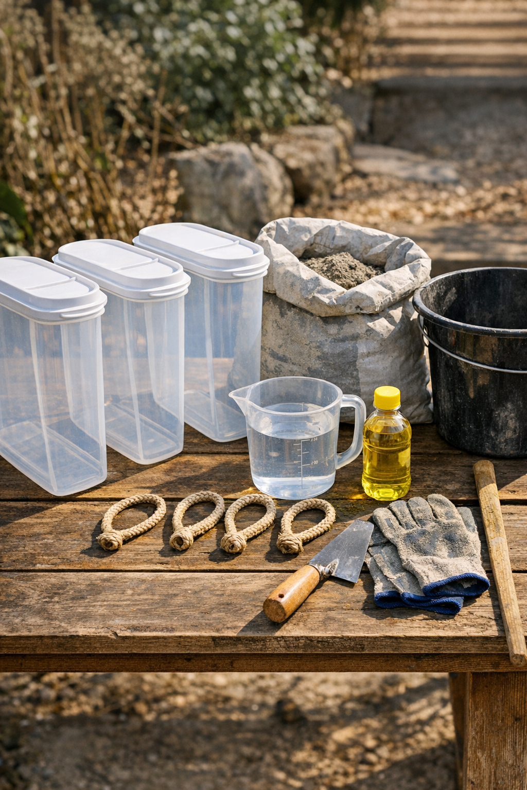 Materials for making cement yard blocks laid out on a table