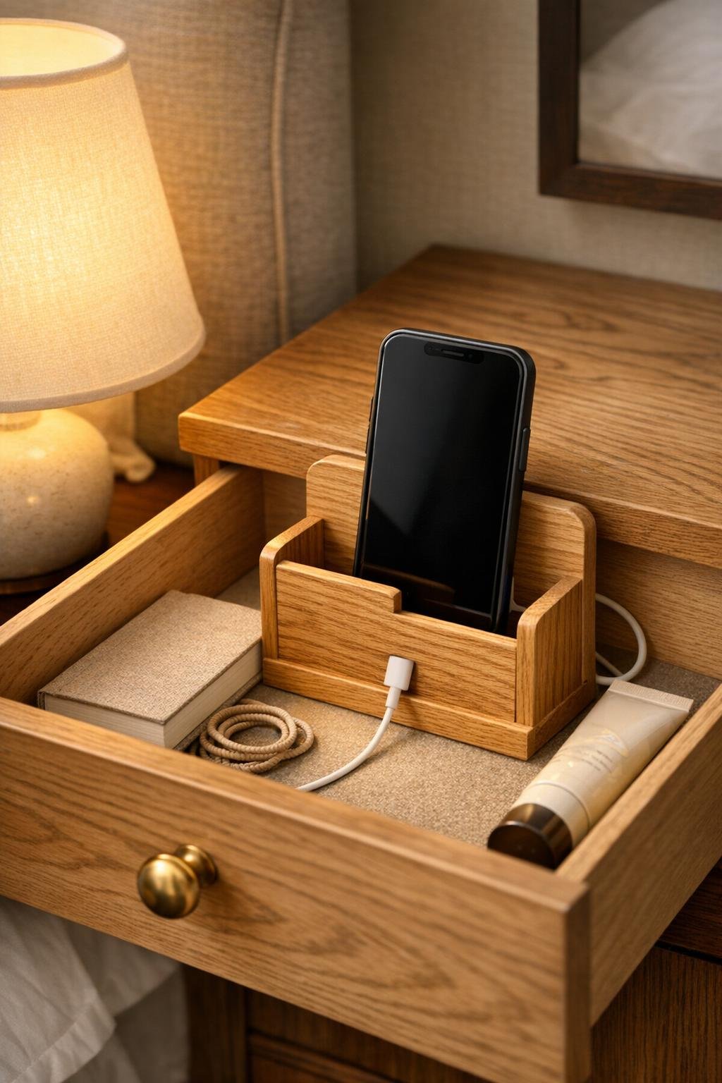 Finished hidden nightstand drawer charging station with oak letter holder