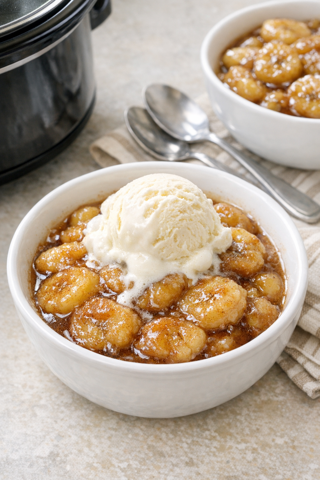 Finished slow cooker banana dessert in serving bowls