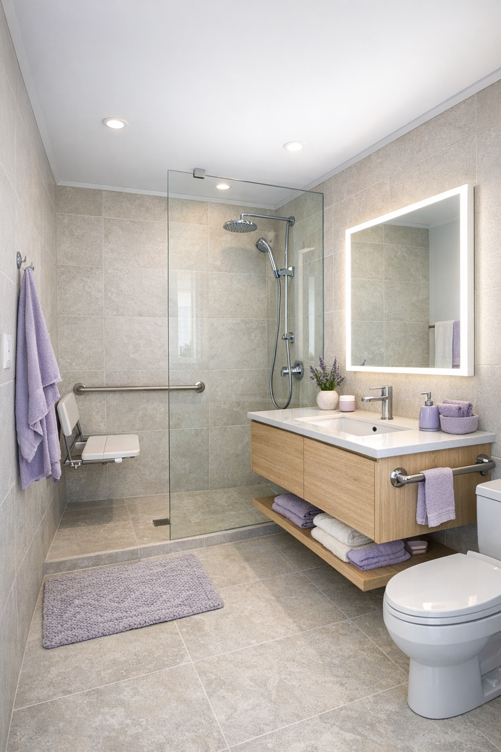 Spa-like accessible bathroom with curbless shower and pale stone finishes