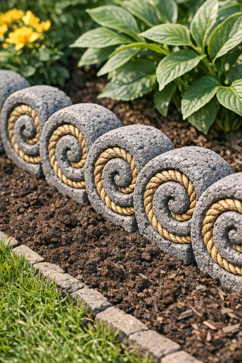 Finished rigid spiral garden borders made from sisal rope and cement