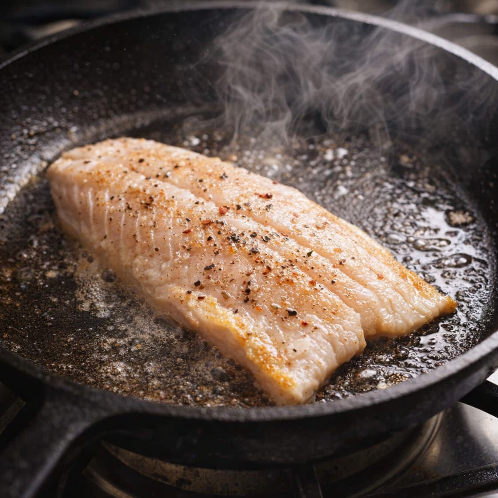 Fish fillet browning in a skillet with light seasoning
