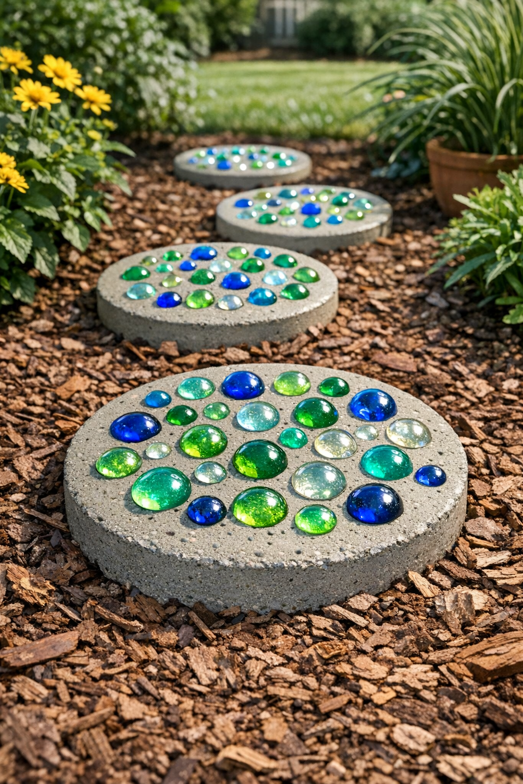Finished glow-in-the-dark stepping stones in a garden path