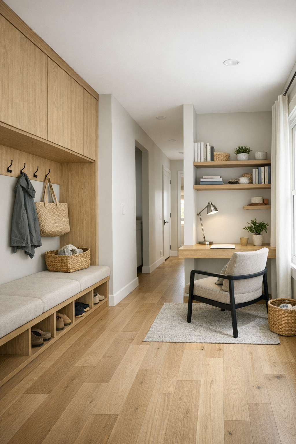 Wide hallway and flexible nook with oak floors, built-in storage, a floating desk, and soft natural light