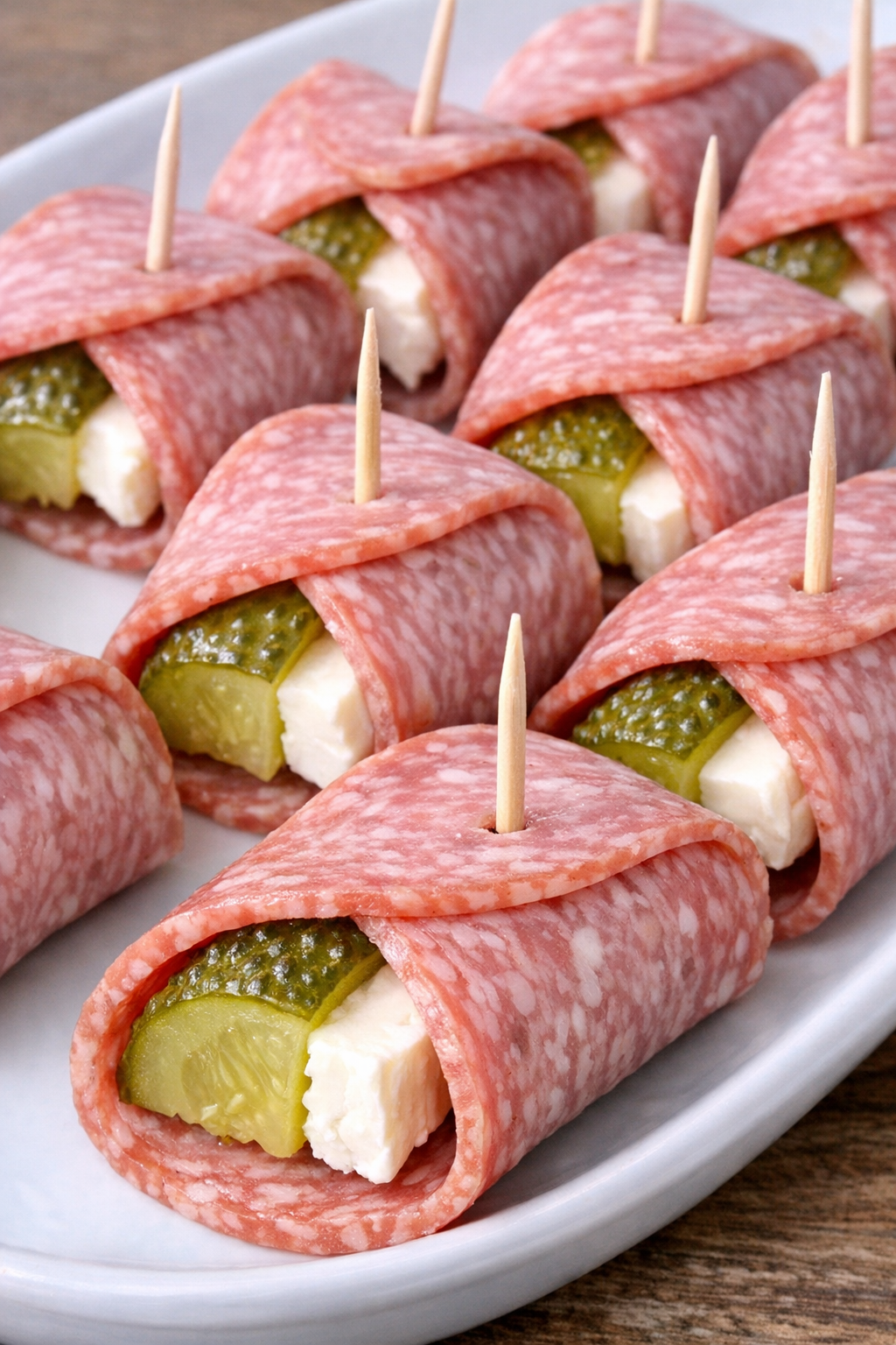 Finished salami pickle bites