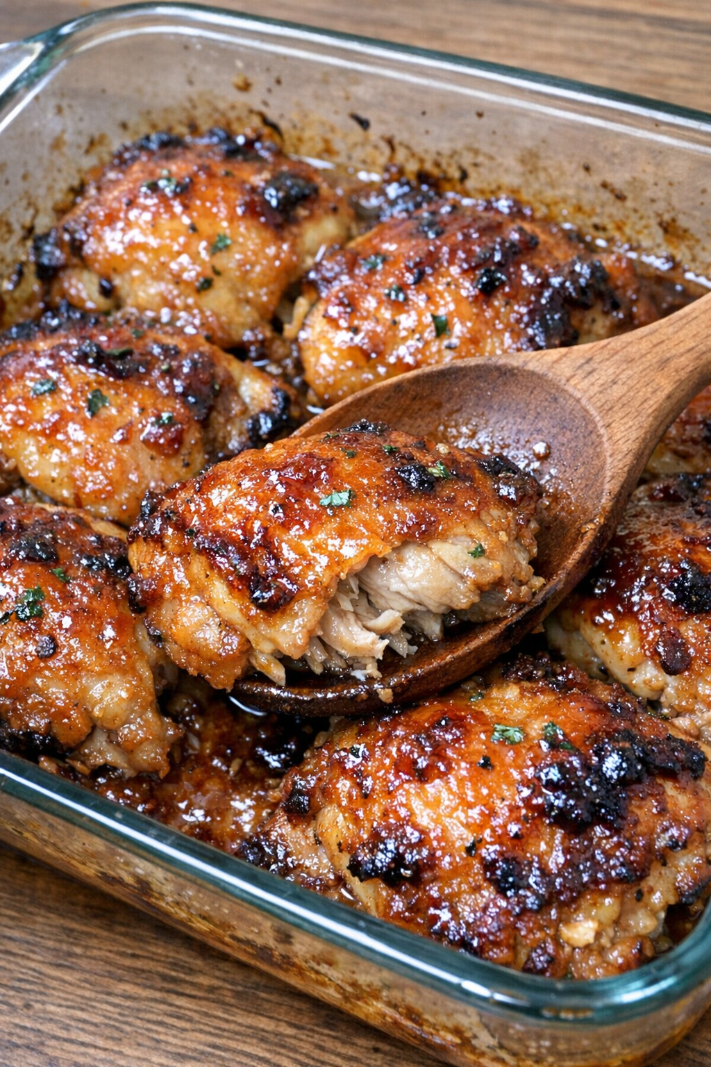 Glazed chicken thighs in a baking dish