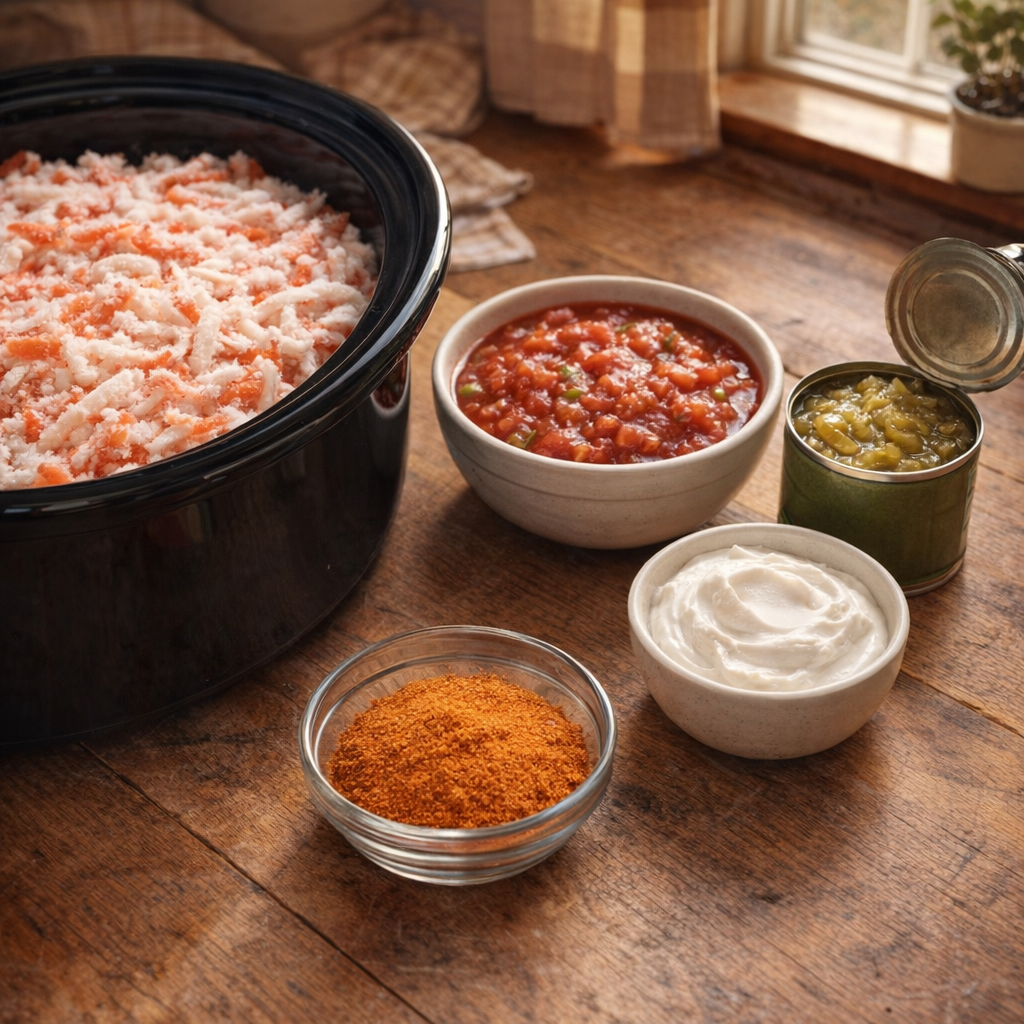 Five taco ingredients arranged on a country kitchen counter