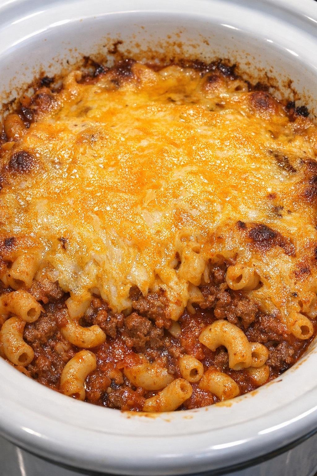 Close-up of slow cooker pasta with melted cheddar in a white crock