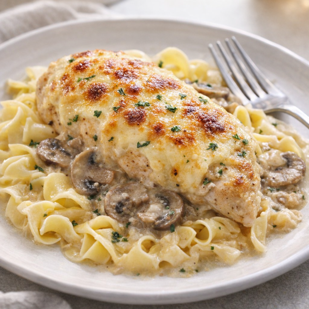 Served Swiss chicken over noodles with parsley