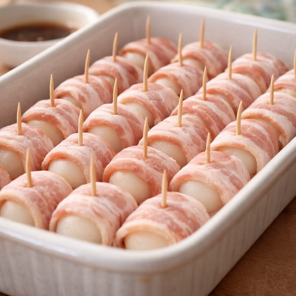 Bacon wrapped water chestnuts assembled in a casserole dish before baking