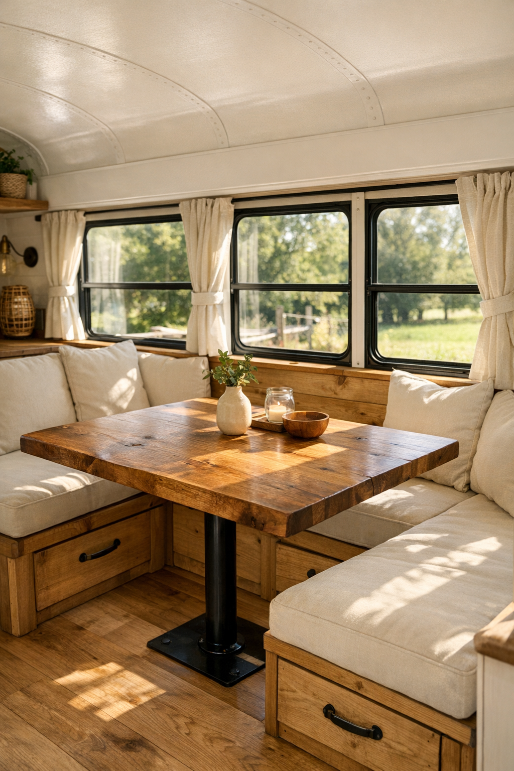 Compact bus dining nook with wood table, banquette seating, and warm natural light