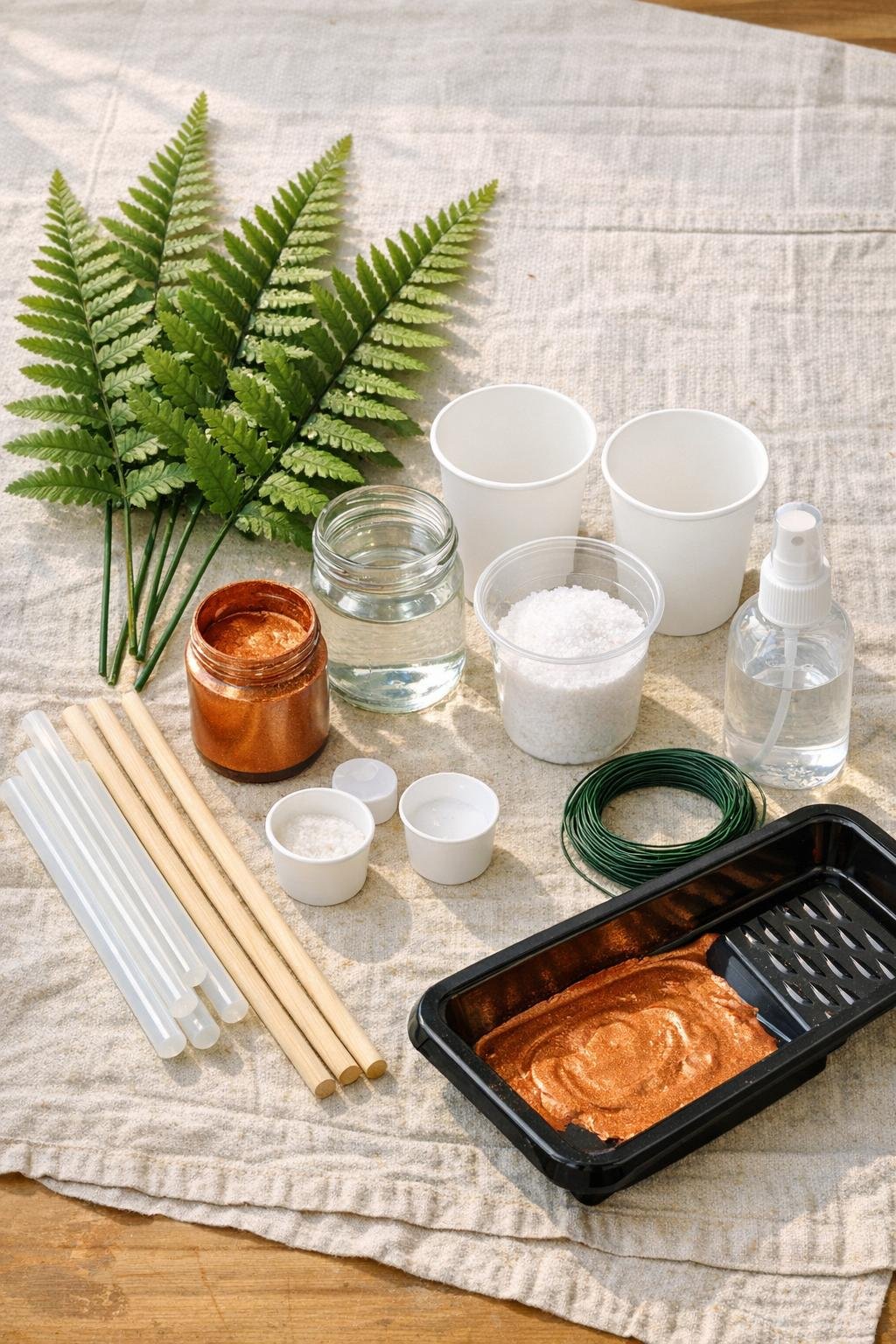Materials for weathered copper fern garden stakes laid out on a table