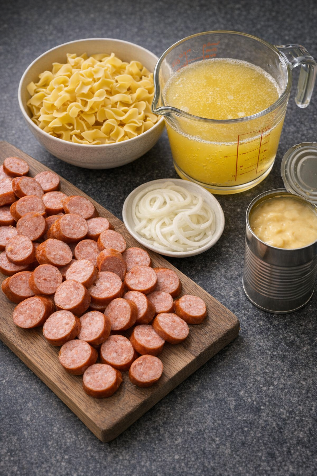 Prepped kielbasa, noodles, onion, broth, and soup ingredients on a kitchen counter