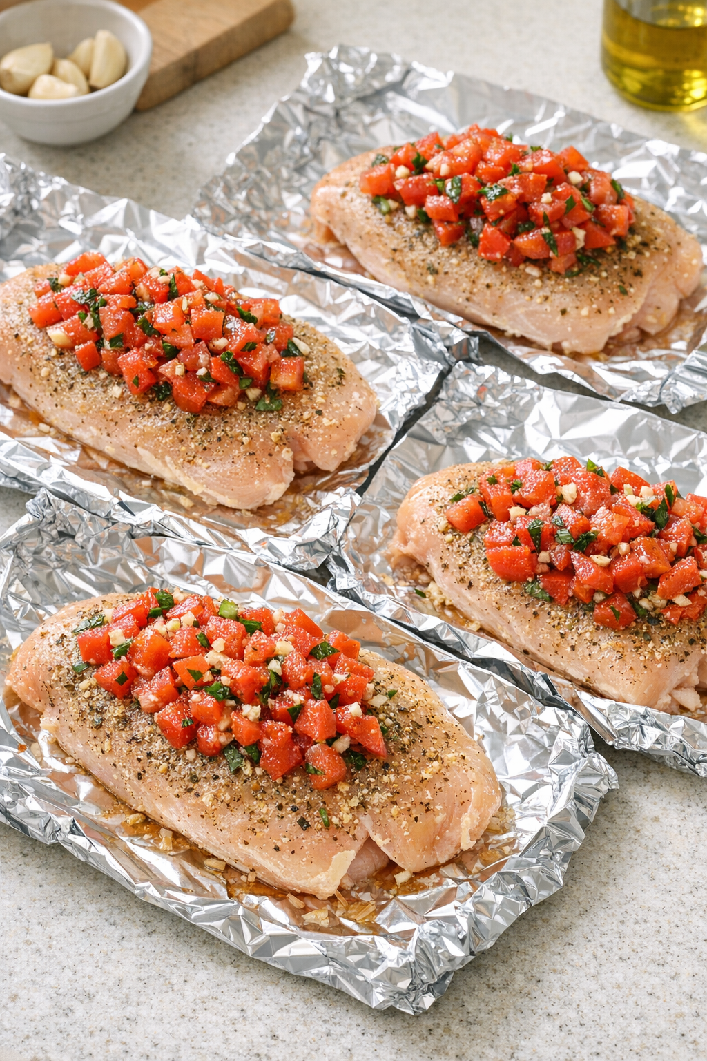 Seasoned chicken topped with chopped tomatoes on foil