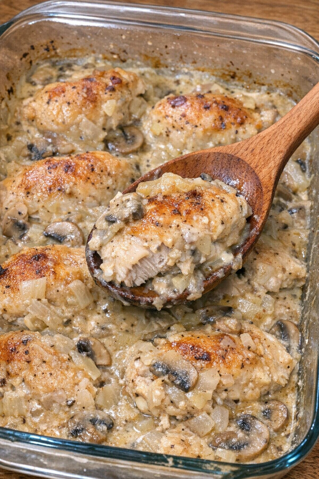 Golden chicken pieces in mushroom cream sauce in a glass baking dish