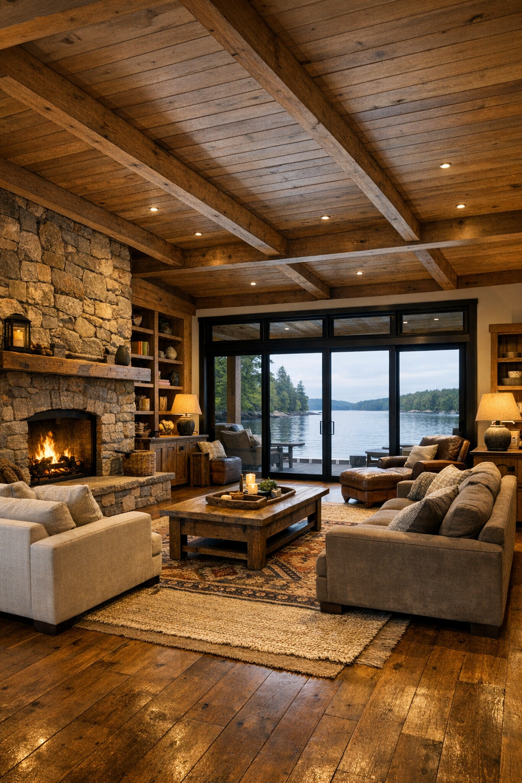 Adirondack lodge houseboat living room with timber ceiling, stone fireplace, and wide windows