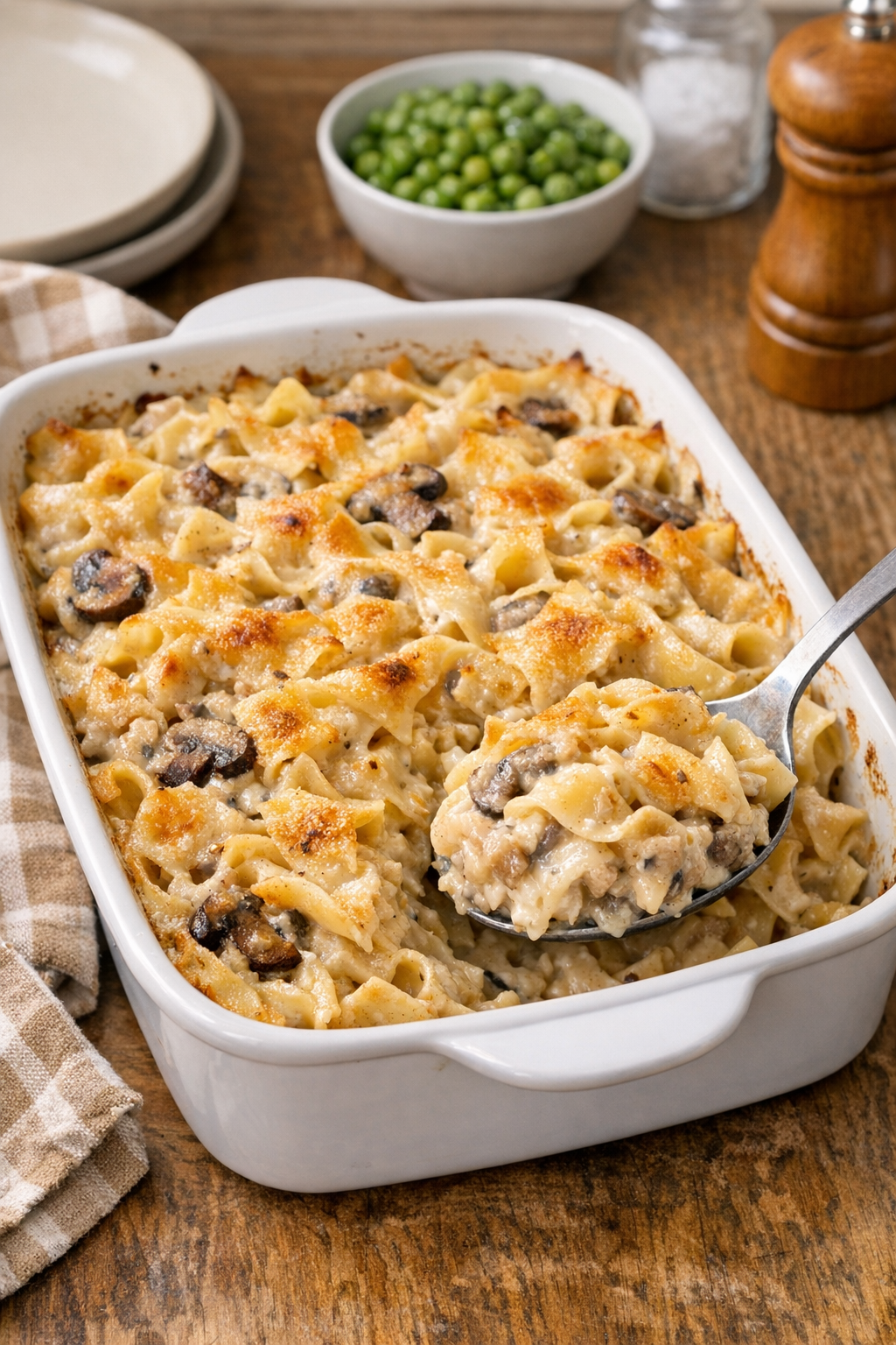 Finished baked cream of mushroom egg noodle casserole in a casserole dish