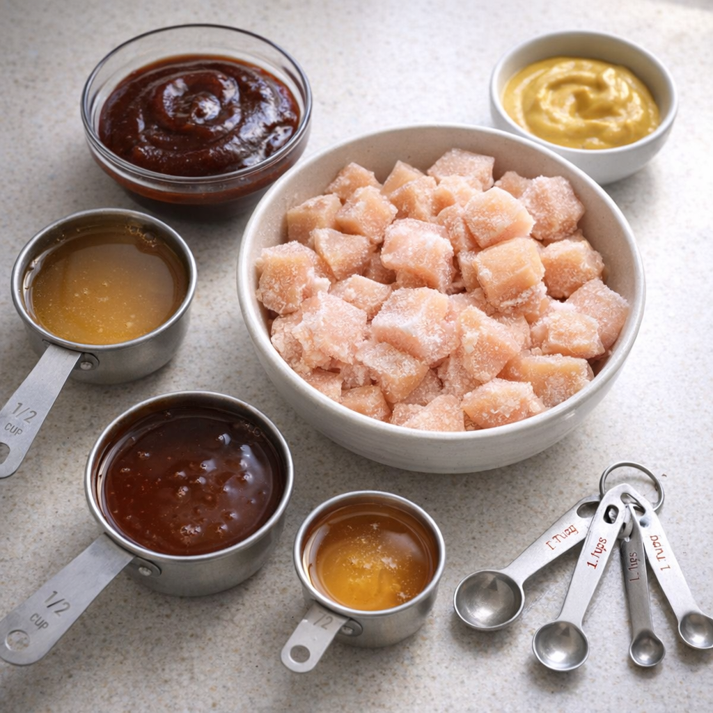 Measured ingredients for slow cooker chicken arranged on a countertop