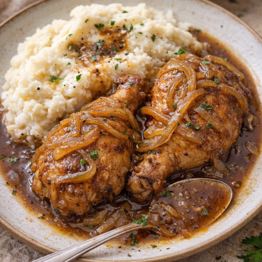 Slow cooker smothered chicken served with onion gravy