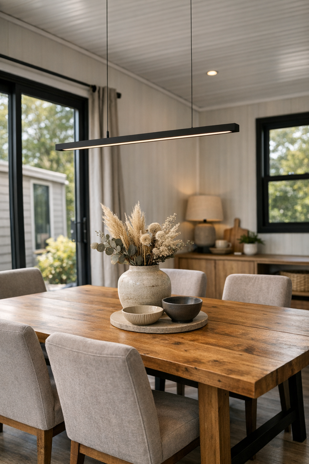 Modern dining room with natural wood table, upholstered chairs, and linear pendant light