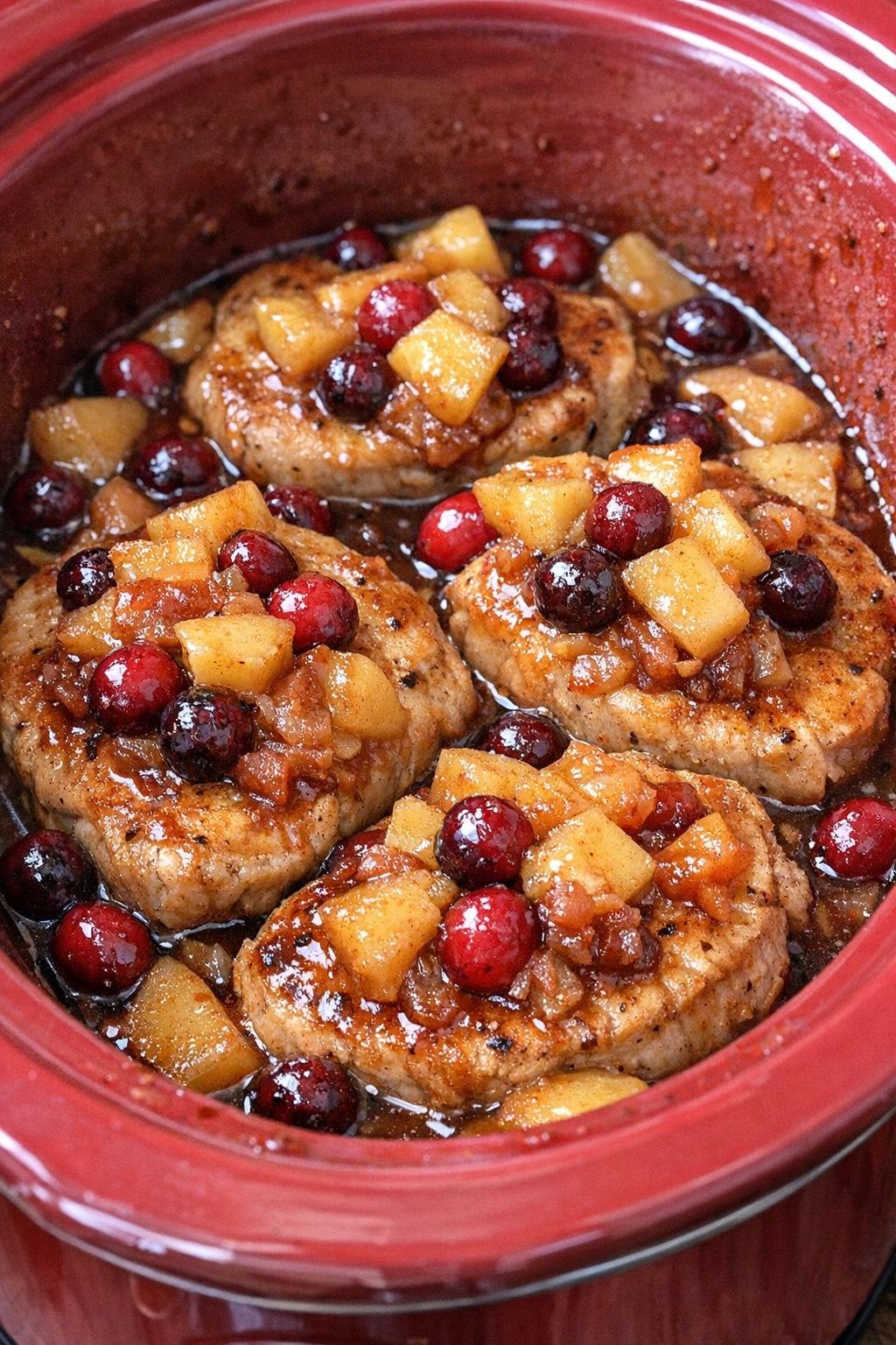 Finished apple cranberry pork chops in the slow cooker