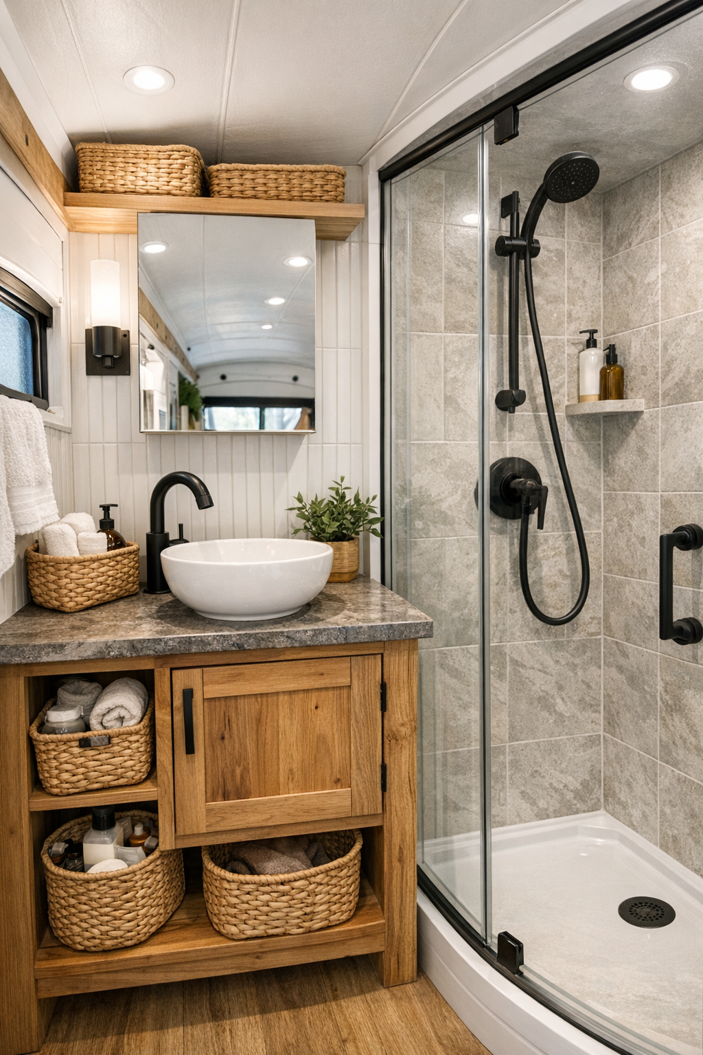 Compact bathroom in the converted bus with a wood vanity, soft tile, and black fixtures