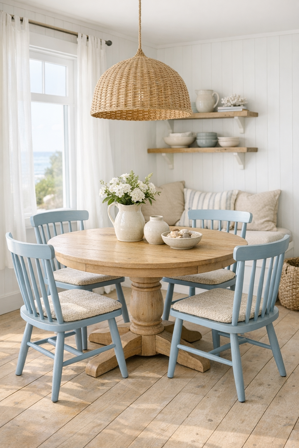 Coastal cottage dining nook with round wood table and woven pendant light