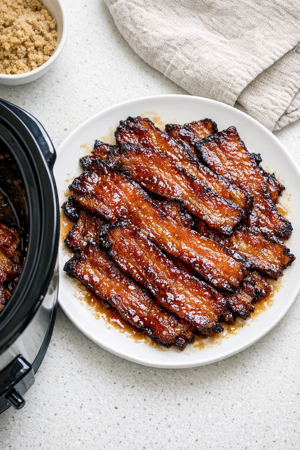 Finished glazed thick-cut bacon on a plate