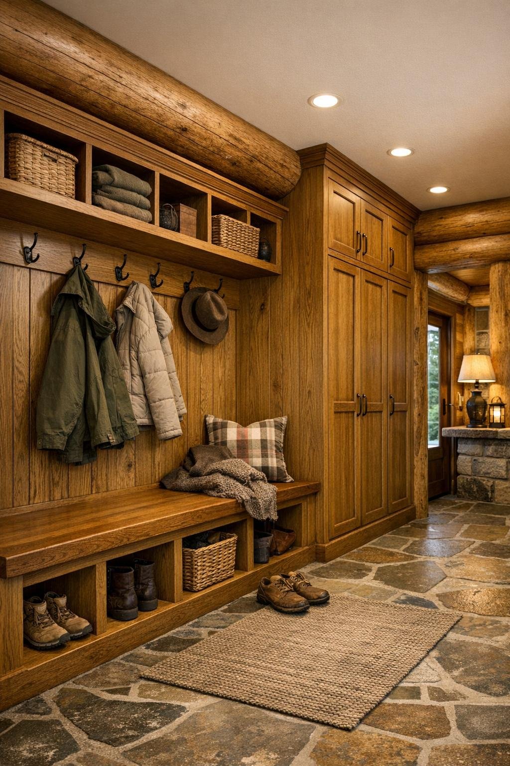 Entry and mudroom area with built-in oak bench, stone floor, and paneled storage