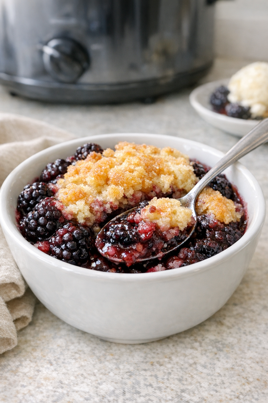 Warm blackberry cobbler served in a bowl