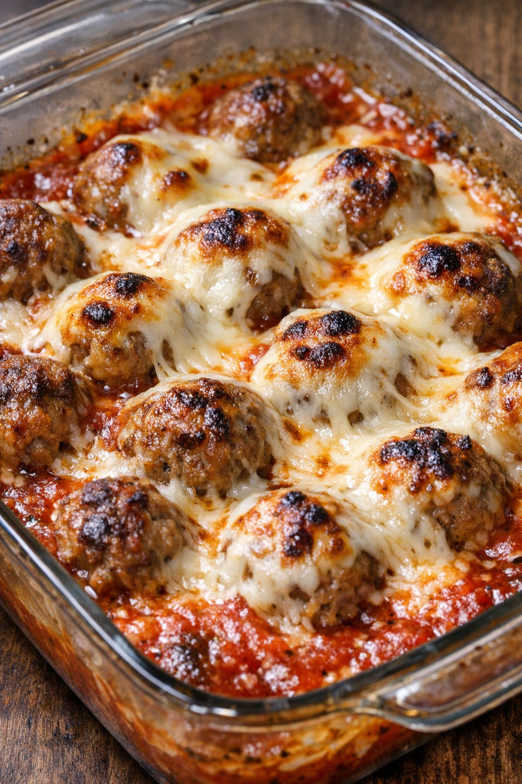 Low carb mozzarella meatball bake fresh from the oven