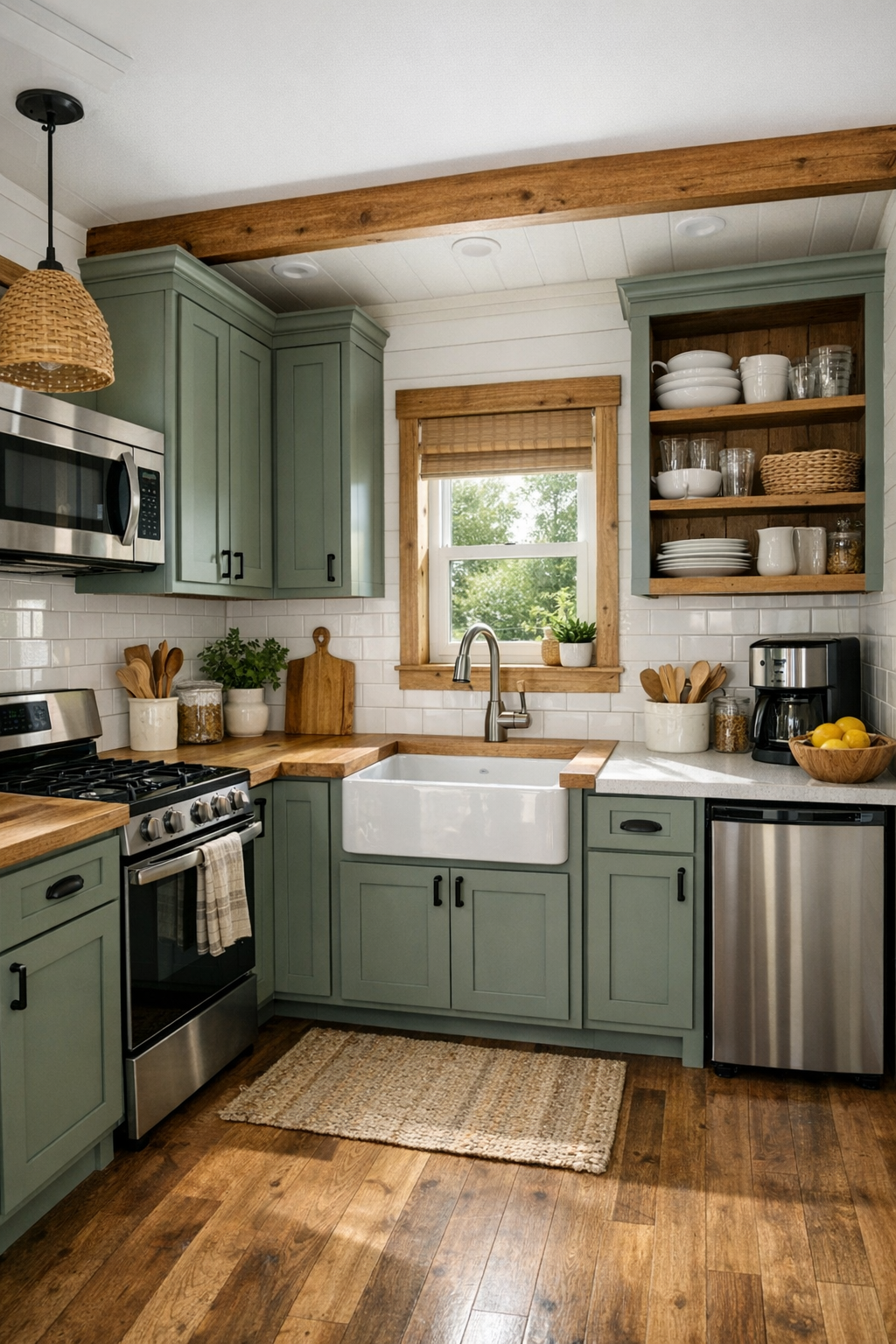 Craftsman-style compact kitchen with sage cabinets, light counters, and warm wood accents