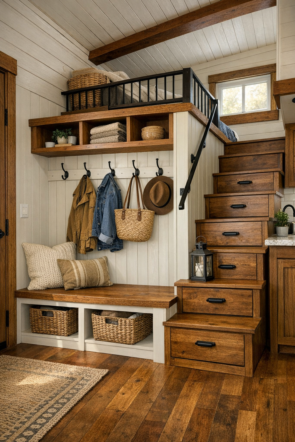Smart utility and loft access area with built-in storage, bench seating, and warm wood details