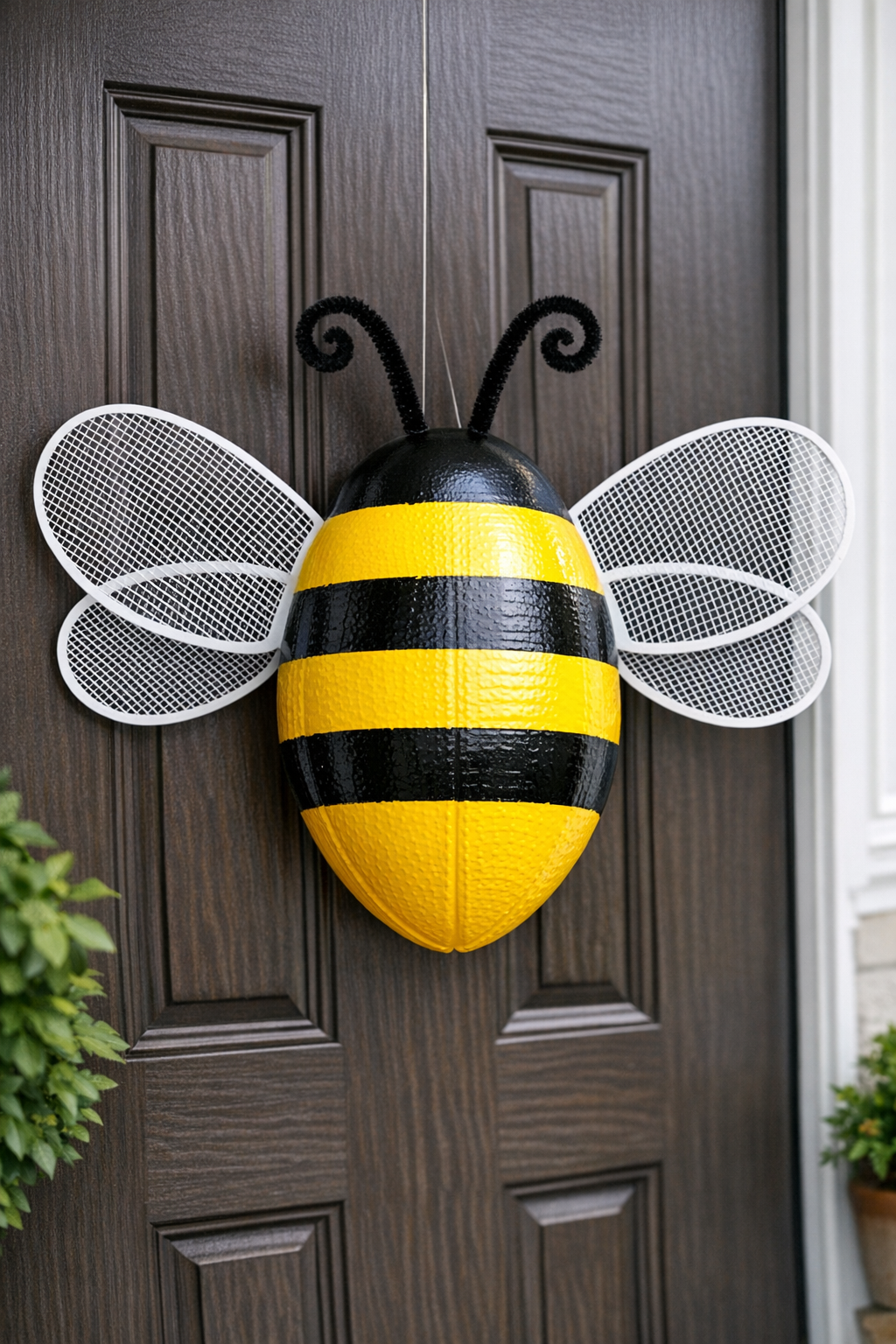 Finished giant summer bumblebee front door hanger made from a painted football and fly swatters