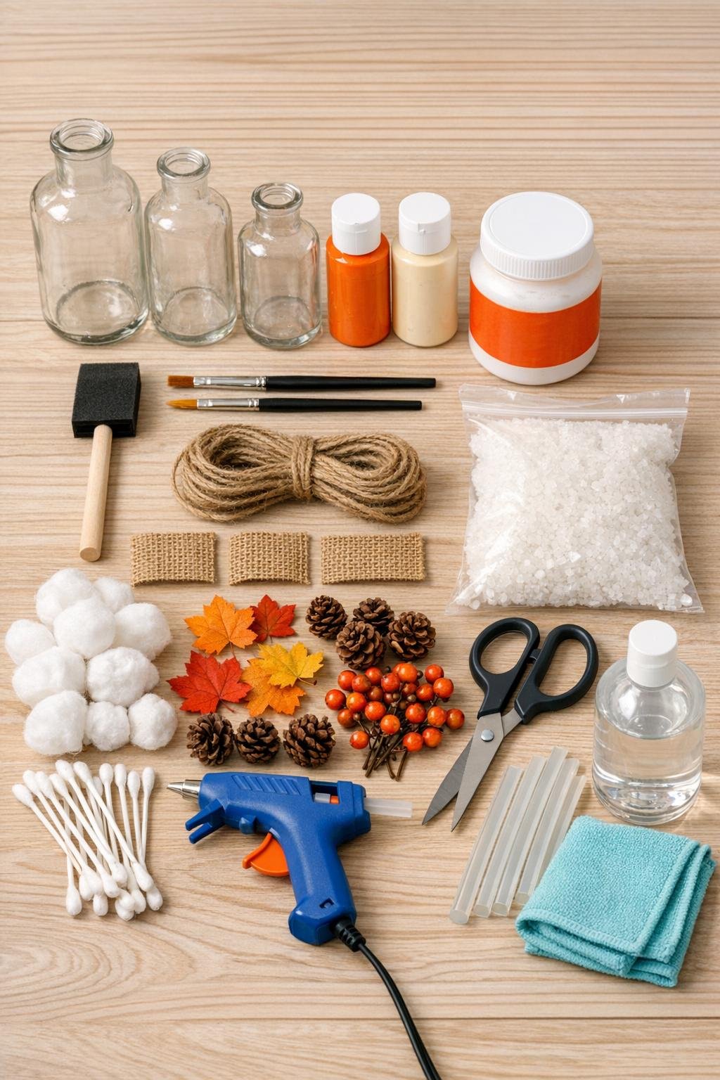 Old glass medicine bottles and craft supplies laid out for an autumn bathroom organizer