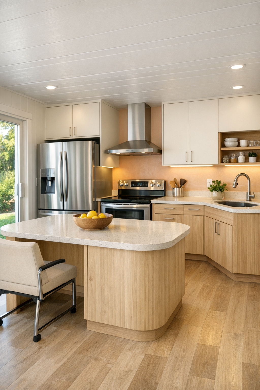 Bright accessible kitchen with light wood cabinets and quartz counters
