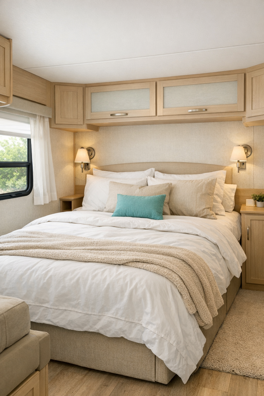 Calm RV bedroom with layered white bedding and built-in storage