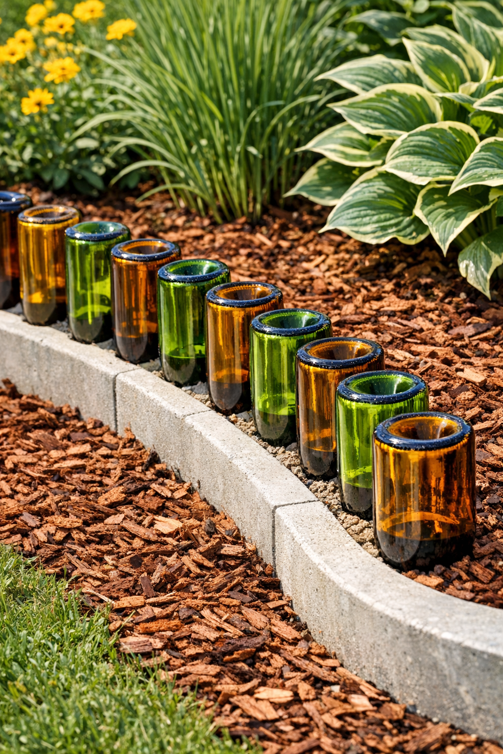 Finished garden border made with amber and green wine bottles set into concrete