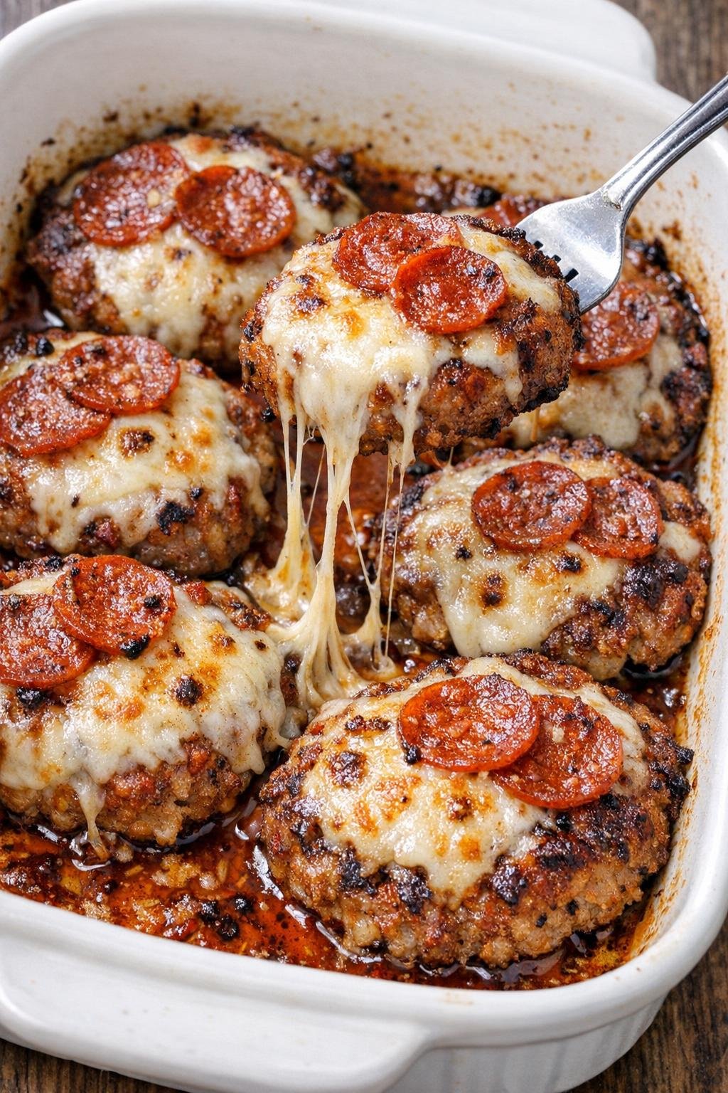 Low carb 4-ingredient pepperoni Caldwell patties in a casserole dish