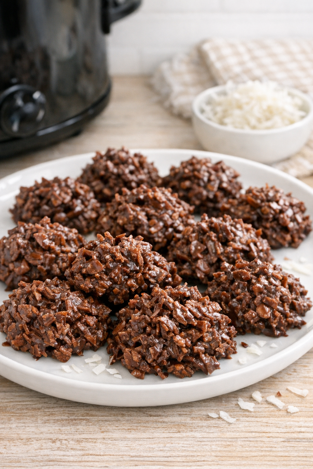 Finished coconut chocolate clusters on a serving plate