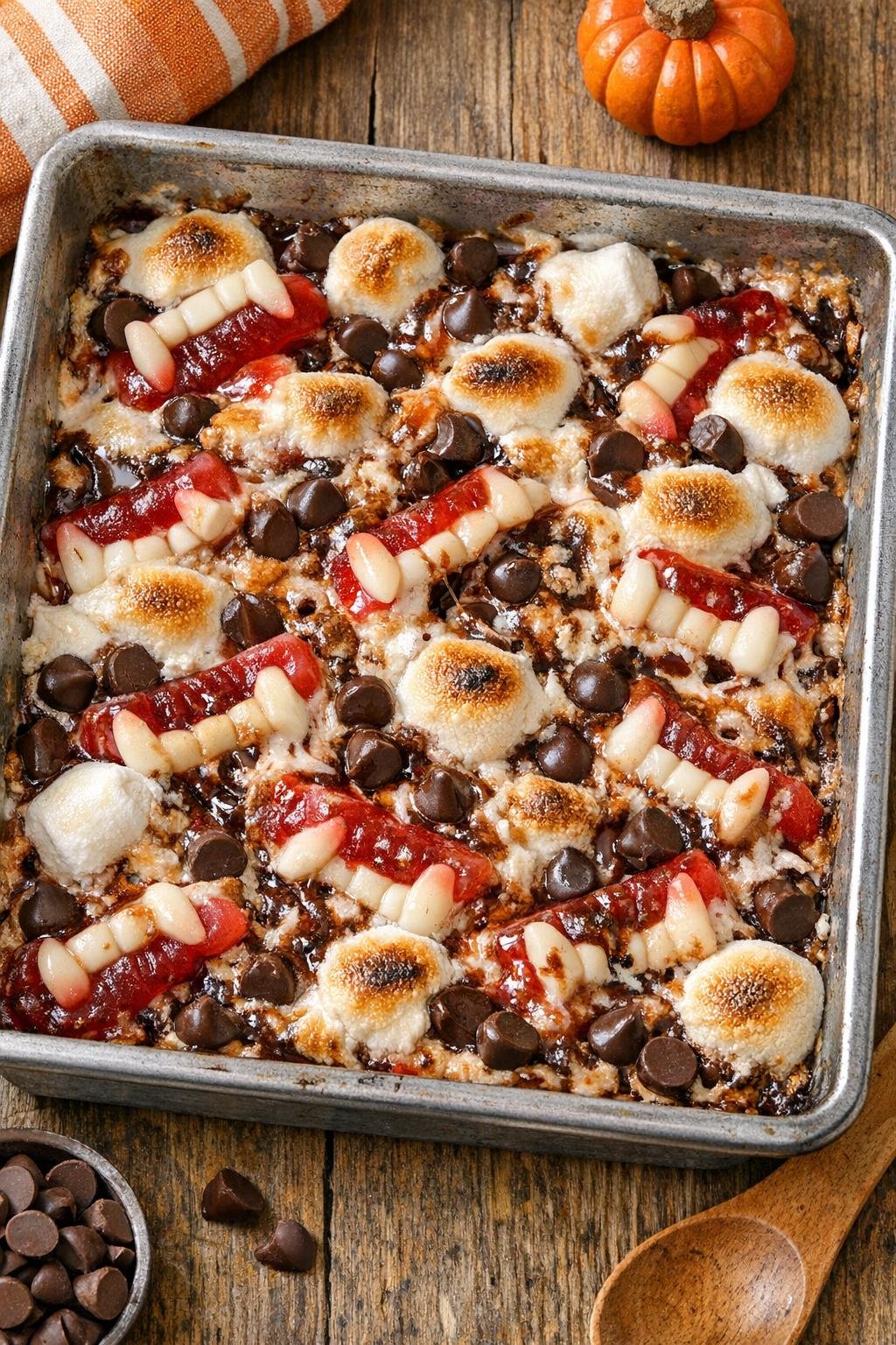 Finished baked spooky vampire dessert in a metal pan