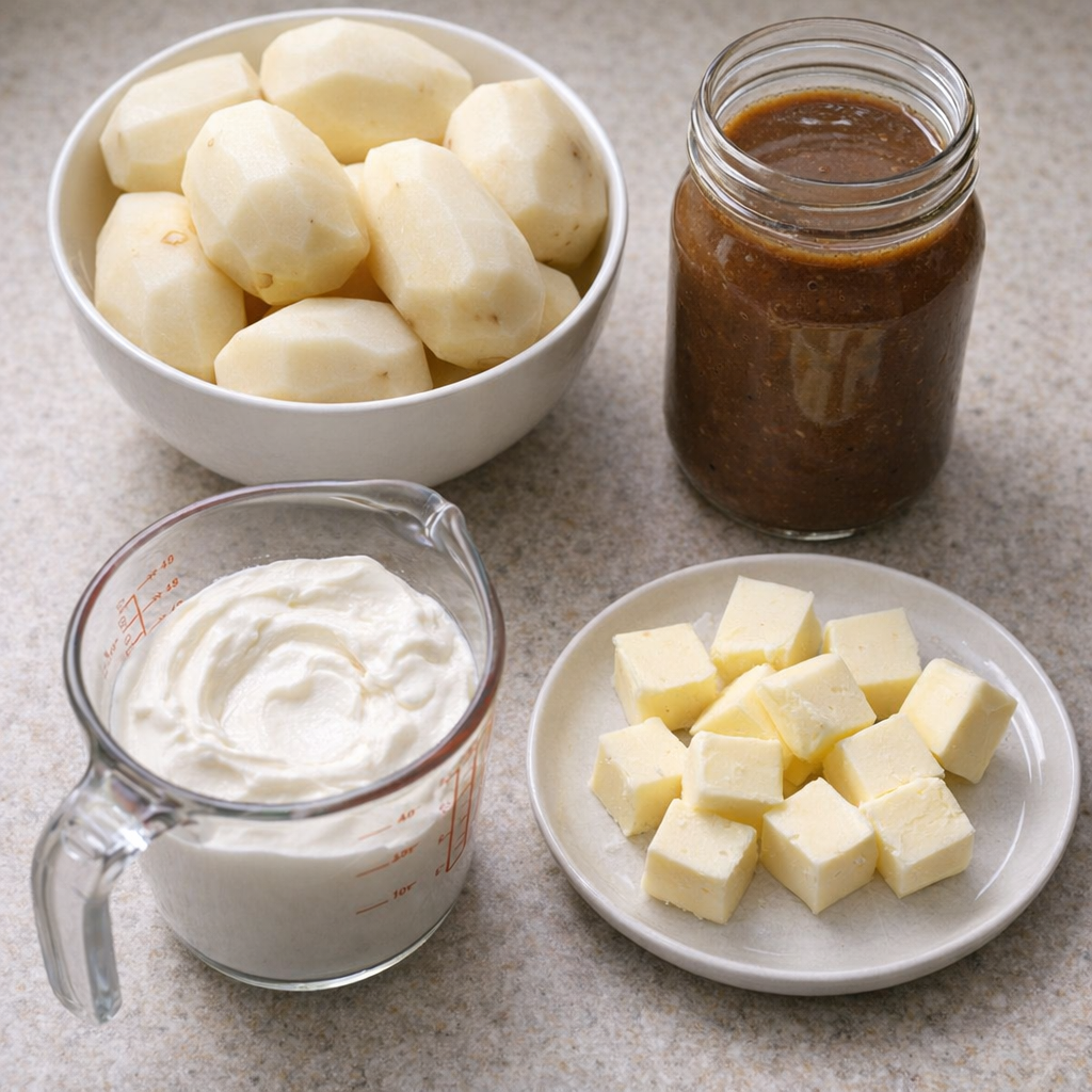 Simple ingredients for gravy potatoes arranged on a kitchen counter