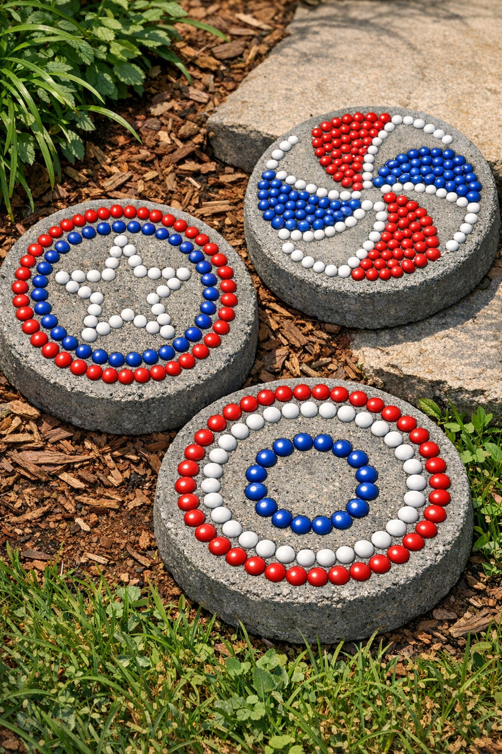 Finished dotted cement yard slabs with red white and blue beads