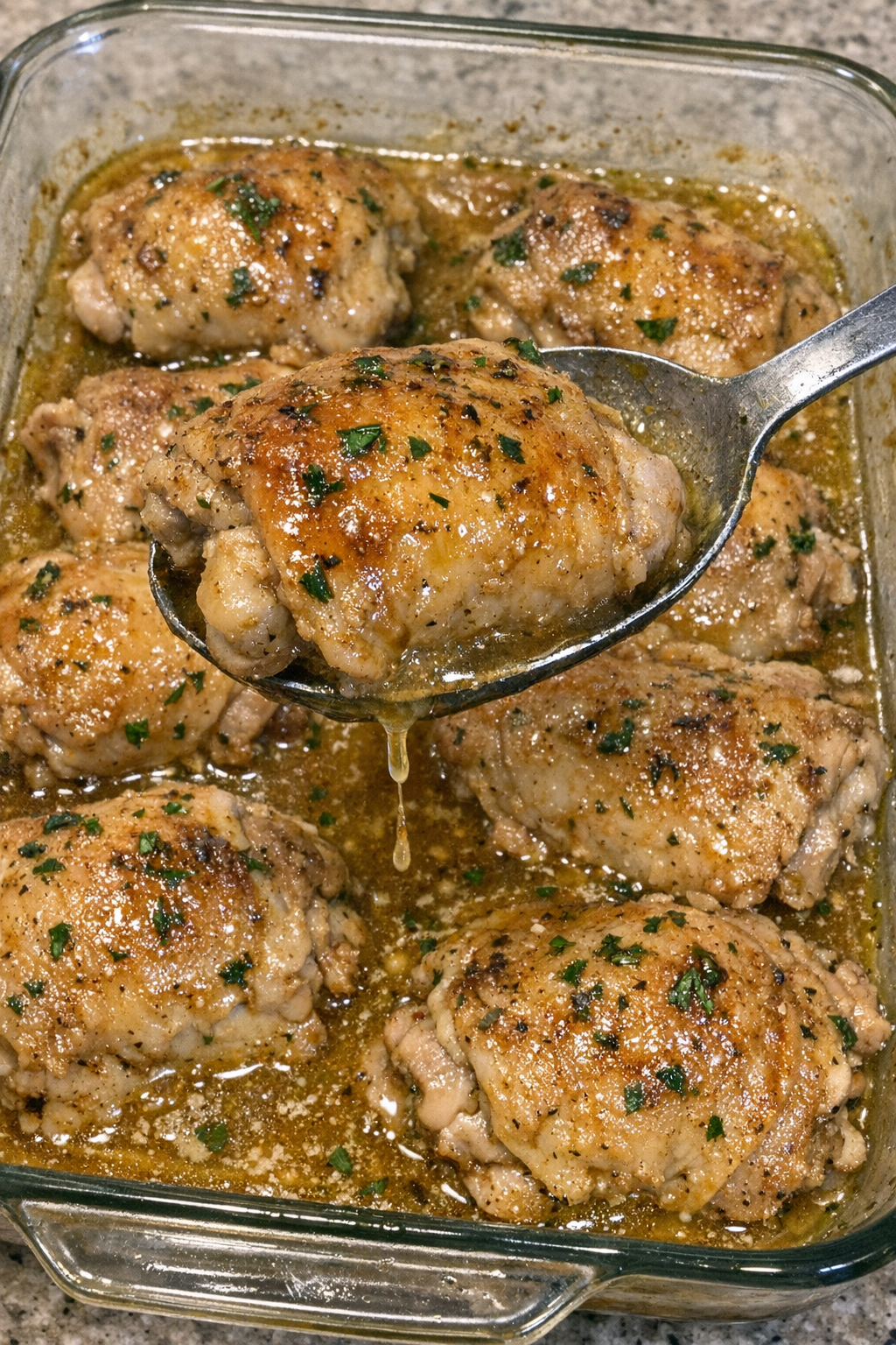 Baked chicken thighs in golden sauce in a glass baking dish