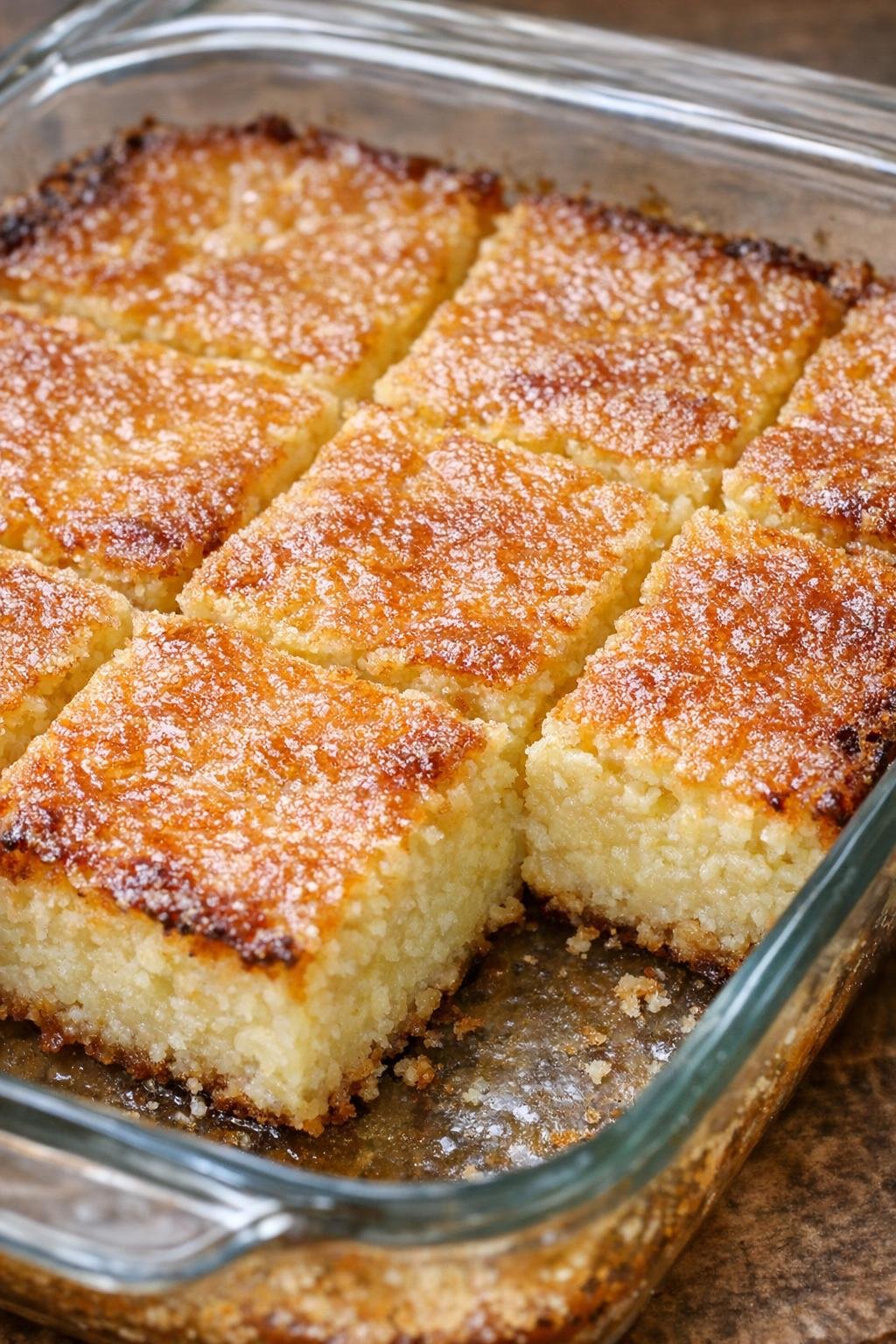 Southern 3-ingredient baked sour cream squares in a glass casserole dish